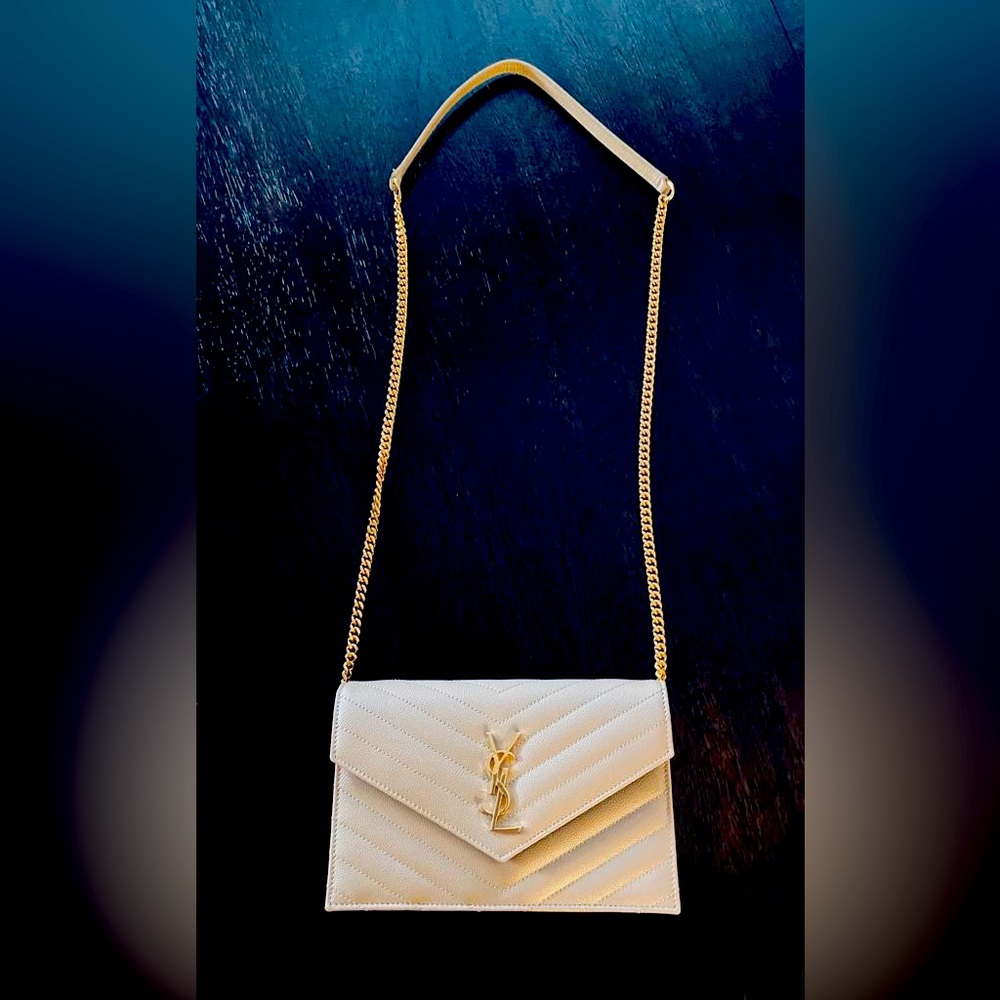YSL Cassandre chain wallet bag in dark beige.